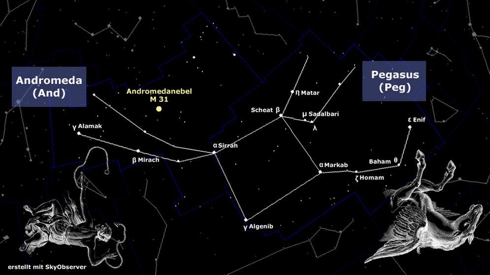 Sternkarte für die Sternbilder Andromeda und Pegasus mit ihren hellsten Sternen. | Bild: BR, Skyobserver, NASA/U.S. Naval Observatory's Library