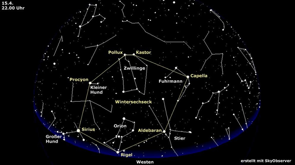 Sternkarte mit den sechs Sternbildern des Wintersechsecks im April | Bild: BR, Skyobserver