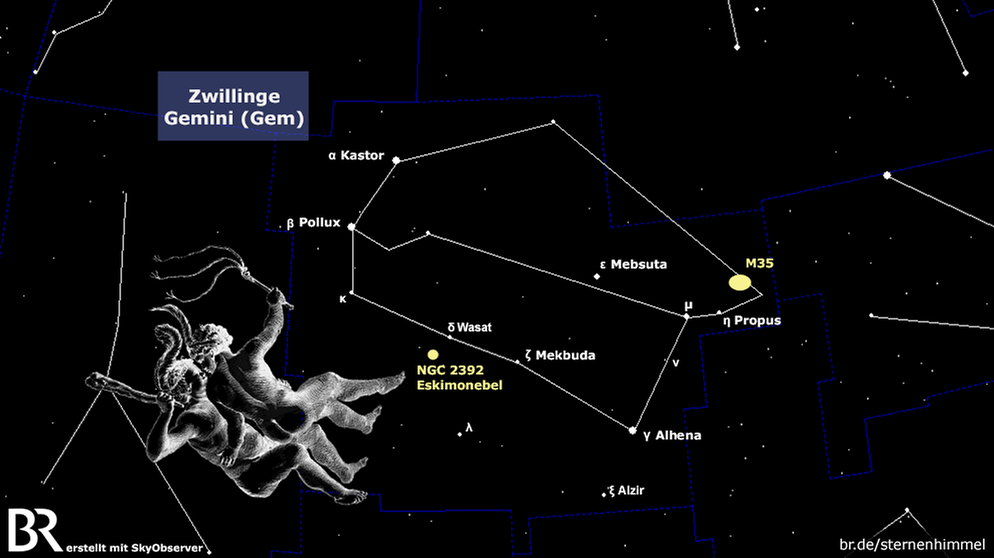 Sternkarte für das Sternbild Zwillinge (Gemini, Gem). Die Zwillinge sind vor allem im Winter an unserem Sternenhimmel zu sehen. Das Sternbild gehört zum Wintersechseck, das in den Wintermonaten den Sternenhimmel dominiert. | Bild: BR, Skyobserver, NASA/U.S. Naval Observatory's Library