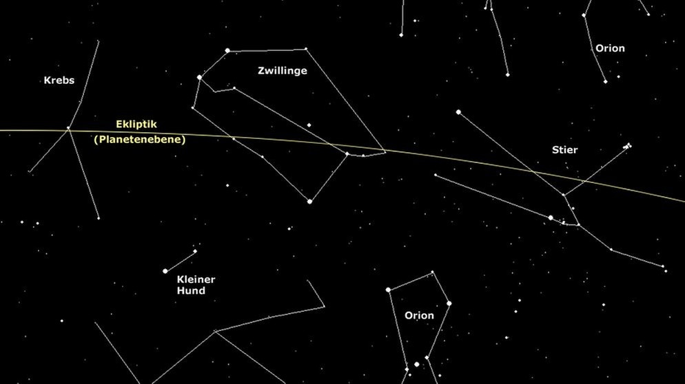 Sternkarte für die Sternbilder Zwillinge, Krebs und Stier auf der Ekliptik | Bild: BR, Skyobserver