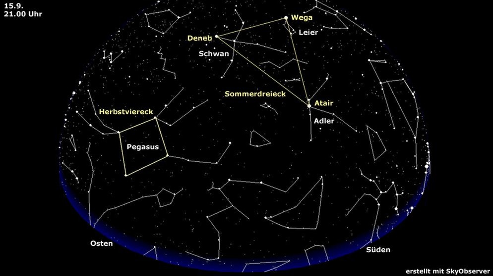 Sternkarte für das Sommerdreieck, gebildet aus den hellsten Sternen der Sternbilder Leier, Adler und Schwan. Daneben ist das Herbstviereck zu sehen, gebildet vom Sternbild Pegasus (gültig für den 15. September um 21.00 Uhr) | Bild: BR, Skyobserver