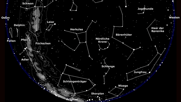 Sternkarte für den Junihimmmel etwa um Mitternacht | Bild: BR, erstellt mit Skyobserver