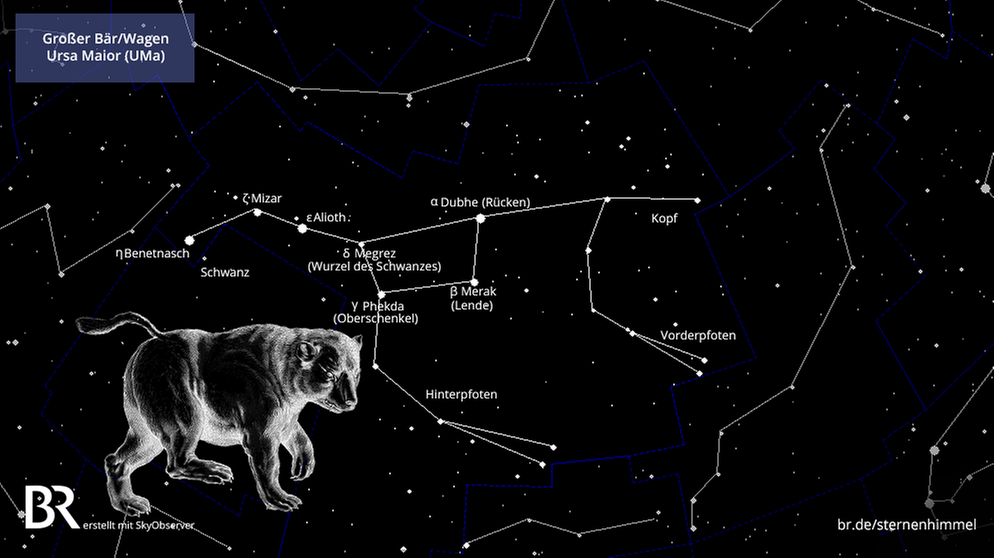 Sternkarte für das Sternbild Großer Bär (Ursa Maior, auch: Großer Wagen) mit seinen hellsten Sternen | Bild: BR, Skyobserver, NASA/U.S. Naval Observatory's Library