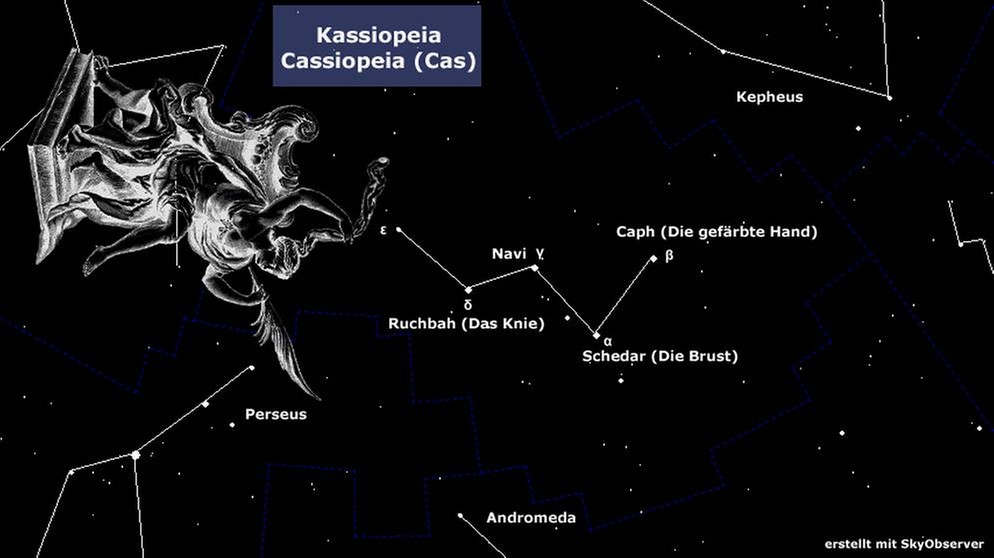 Sternkarte für das Sternbild Kassiopeia | Bild: BR, Skyobserver, NASA/U.S. Naval Observatory's Library