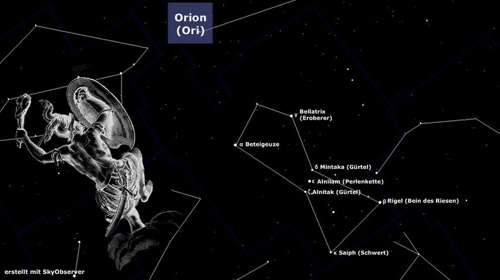 Sternkarte für das Sternbild Orion | Bild: BR, Skyobserver, NASA/U.S. Naval Observatory's Library