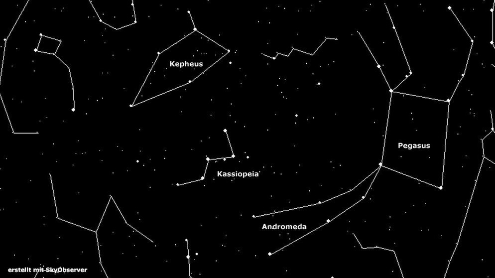 Sternkarte für die Sternbilder Pegasus, Andromeda, Kassiopeia und Kepheus | Bild: BR, Skyobserver