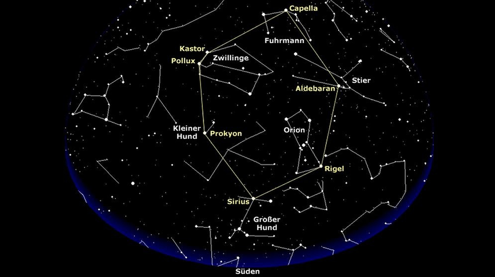 Sternkarte mit den sechs Sternbildern des Wintersechsecks | Bild: BR, Skyobserver