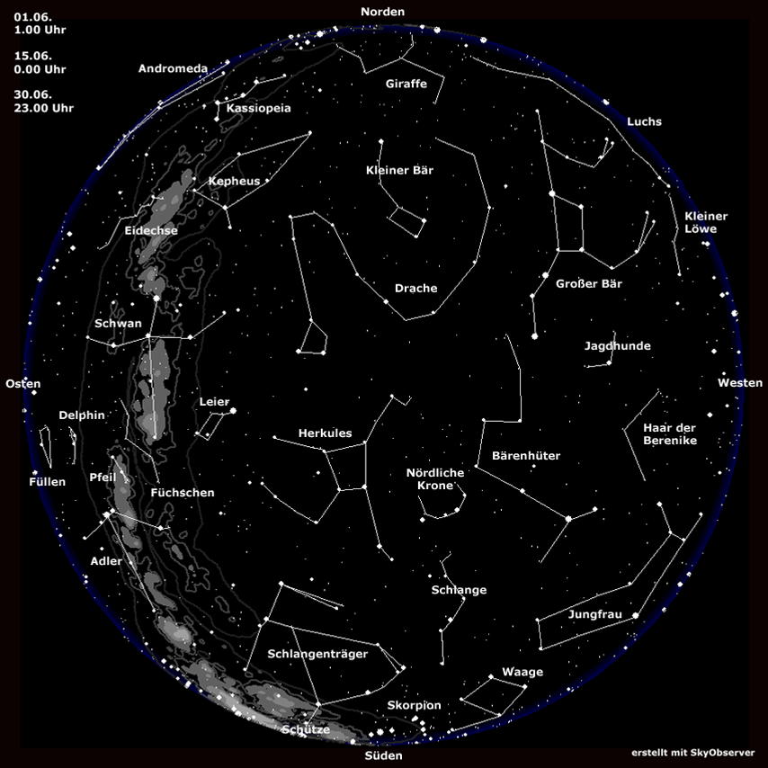 Sternkarte für Juni | Bild: BR/erstellt mit Skyobserver