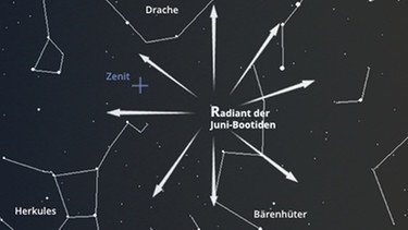 Sternkarte für die Sternschnuppen der Juni-Bootiden. Der Radiant dieser Meteore liegt bei den Sternbildern Bärenhüter und Großer Wagen | Bild: BR, Skyobserver