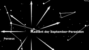 Sternkarte mit dem Radiant des Meteor-Stroms der September-Perseiden. Die Sternschnuppen scheinen aus den Sternbildern Perseus, Fuhrmann und Stier zu kommen. | Bild: BR, Skyobserver