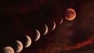 Collage der verschiedenen Phasen einer totalen Mondfinsternis mit Blutmond vor bewölktem Himmel.  | Bild: picture alliance / Bildagentur-online/Tetra-Images