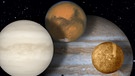 Collage der Planeten Venus, Mars, Merkur und Jupiter vor dem Sternenhimmel | Bild: NASA, colourbox.com