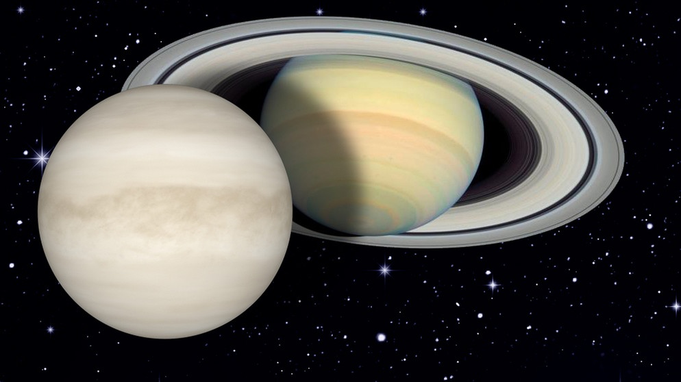 Collage der Planeten Venus und Saturn vor dem Sternenhimmel | Bild: colourbox.com, NASA, ESA