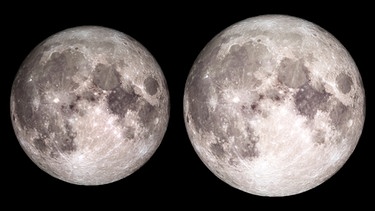 Collage des Vollmonds bei Erdferne und Erdnähe nebeneinander. Ist der Mond an seinem entferntesten Punkt zur Erde (dem Apogäum, links), ist die Mondscheibe am Firmament etwa um ein Zehntel kleiner im Durchmesser als im Moment seines kleinsten Abstands zur Erde (dem Perigäum, rechts). Für die Fläche der Mondscheibe bedeutet das: Sie ist im Perigäum etwa zwanzig Prozent größer als im Apogäum - und entsprechend heller. | Bild: DLR