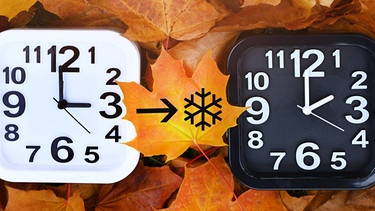 Zwei Uhren auf Herbstblättern, Symbolfoto für die Umstellung auf Winterzeit | Bild: IMAGO, IMAGO / Christian Ohde
